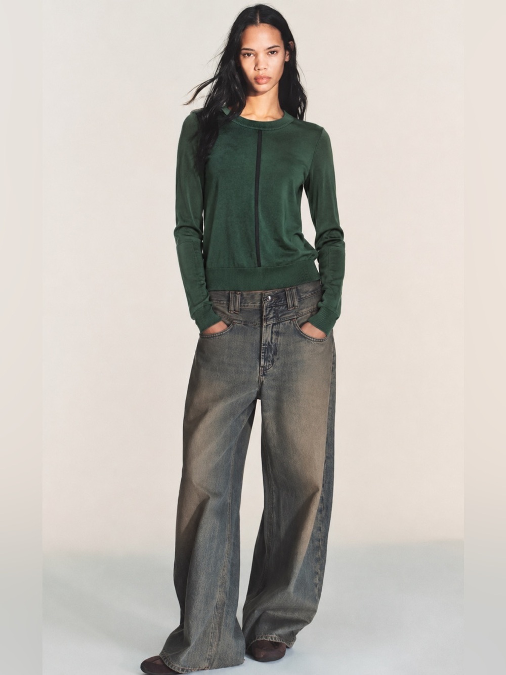 Topshop Forest Green Faux Suede Panel Sweater | Size US 8